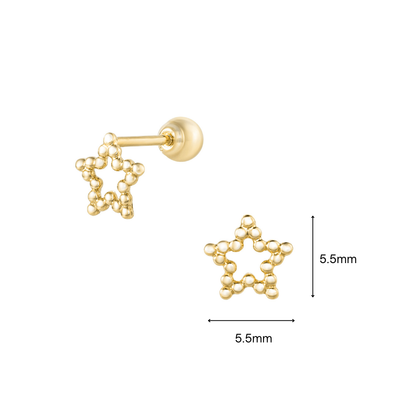 14K solid gold Stella piercing earrings by Blue Chrysippus featuring a sleek, minimalist star design for pierced ears.