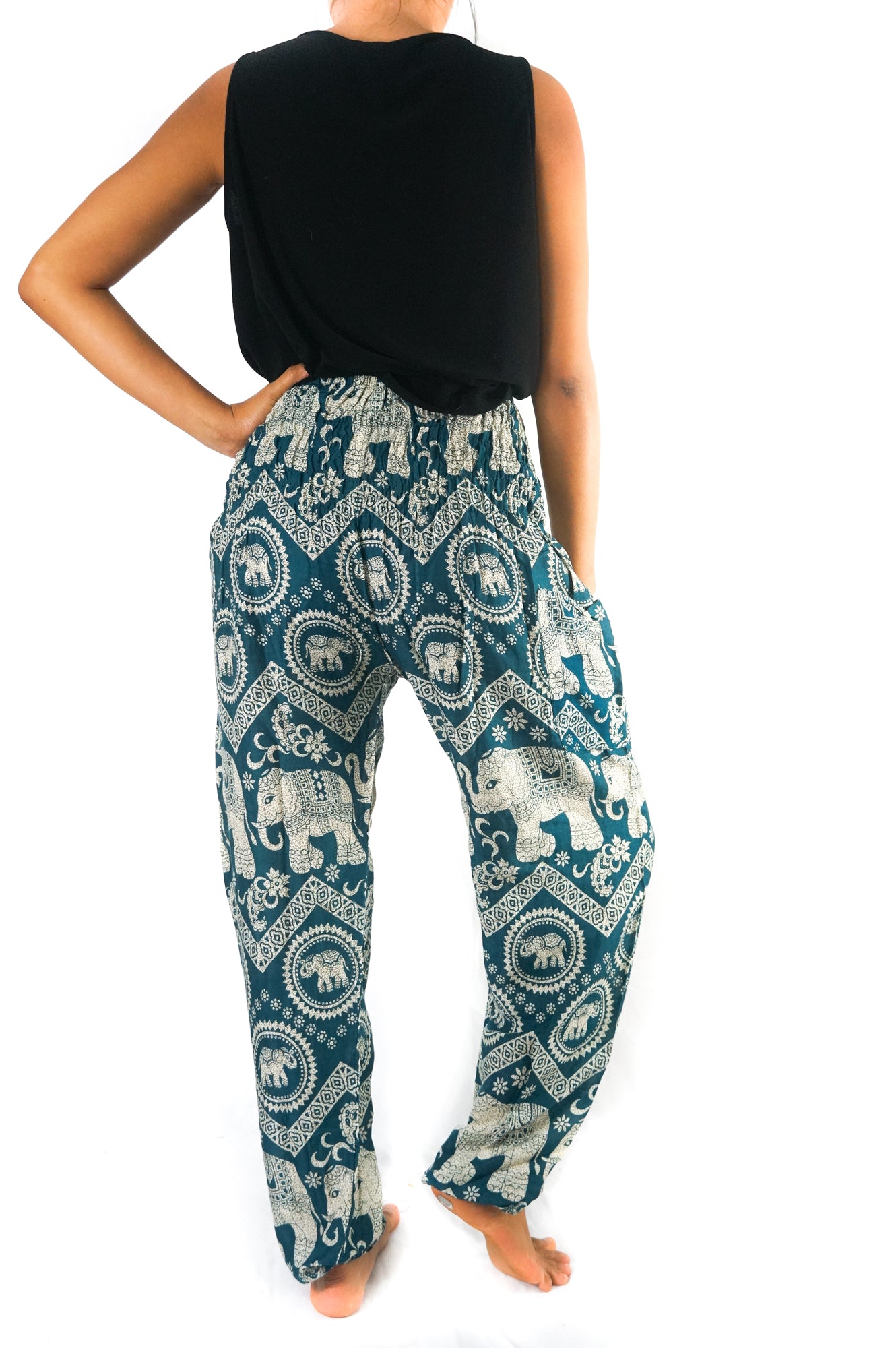 Tan Smokey teal elephant print boho pants for women, featuring hippie style and comfortable yoga-inspired design.