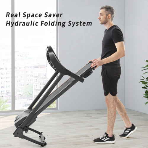 Lilac Milo compact folding treadmill with motorized running surface and adjustable speed for home jogging workouts.