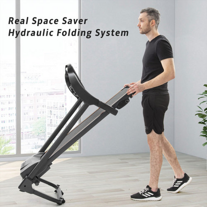 Lilac Milo compact folding treadmill with motorized running surface and adjustable speed for home jogging workouts.