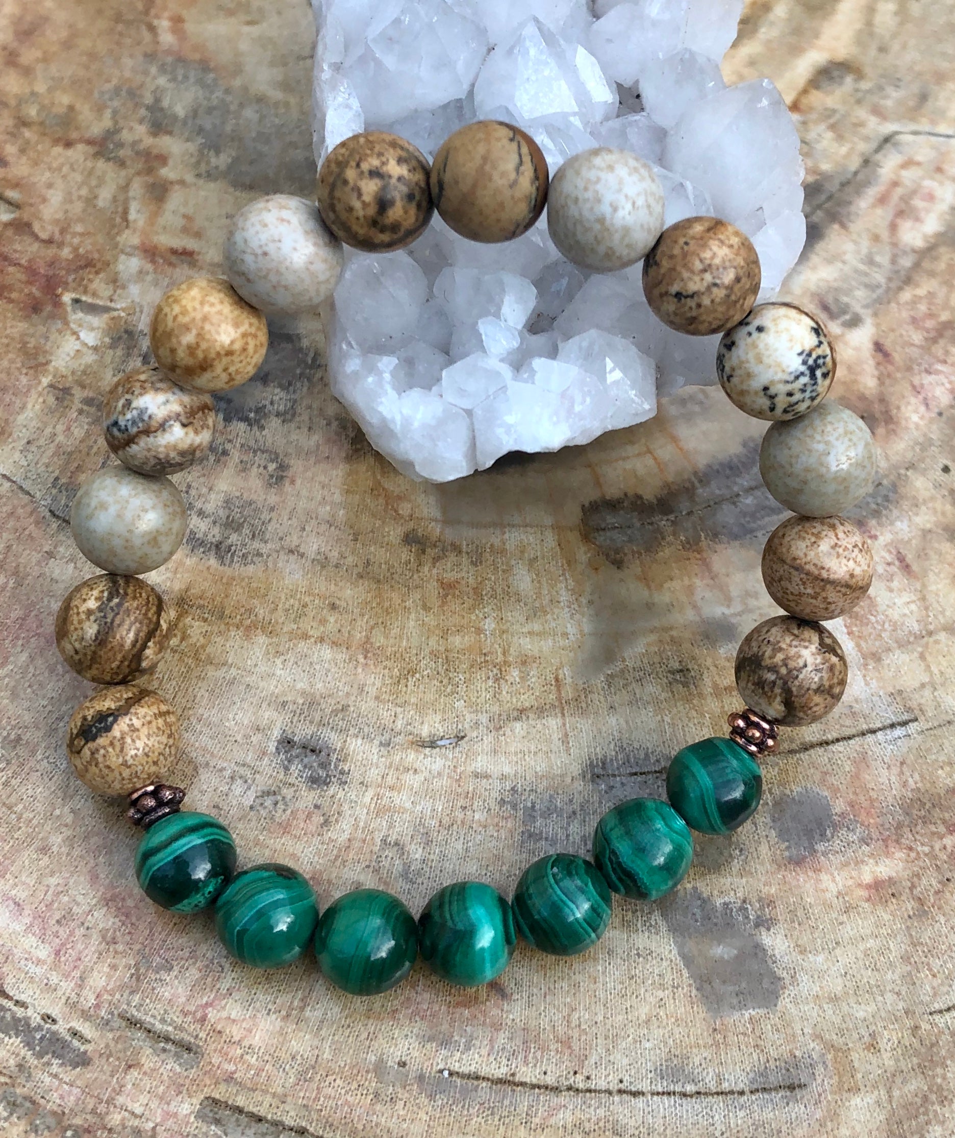 Violet Chaos Malachite and Picture Jasper stretch bracelet with polished gemstone beads and elastic band for a comfortable fit.