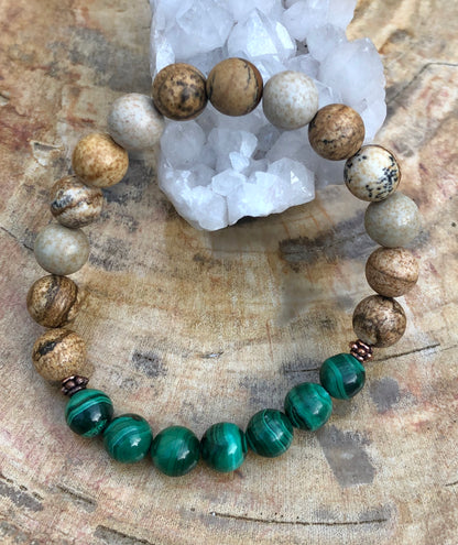 Violet Chaos Malachite and Picture Jasper stretch bracelet with polished gemstone beads and elastic band for a comfortable fit.