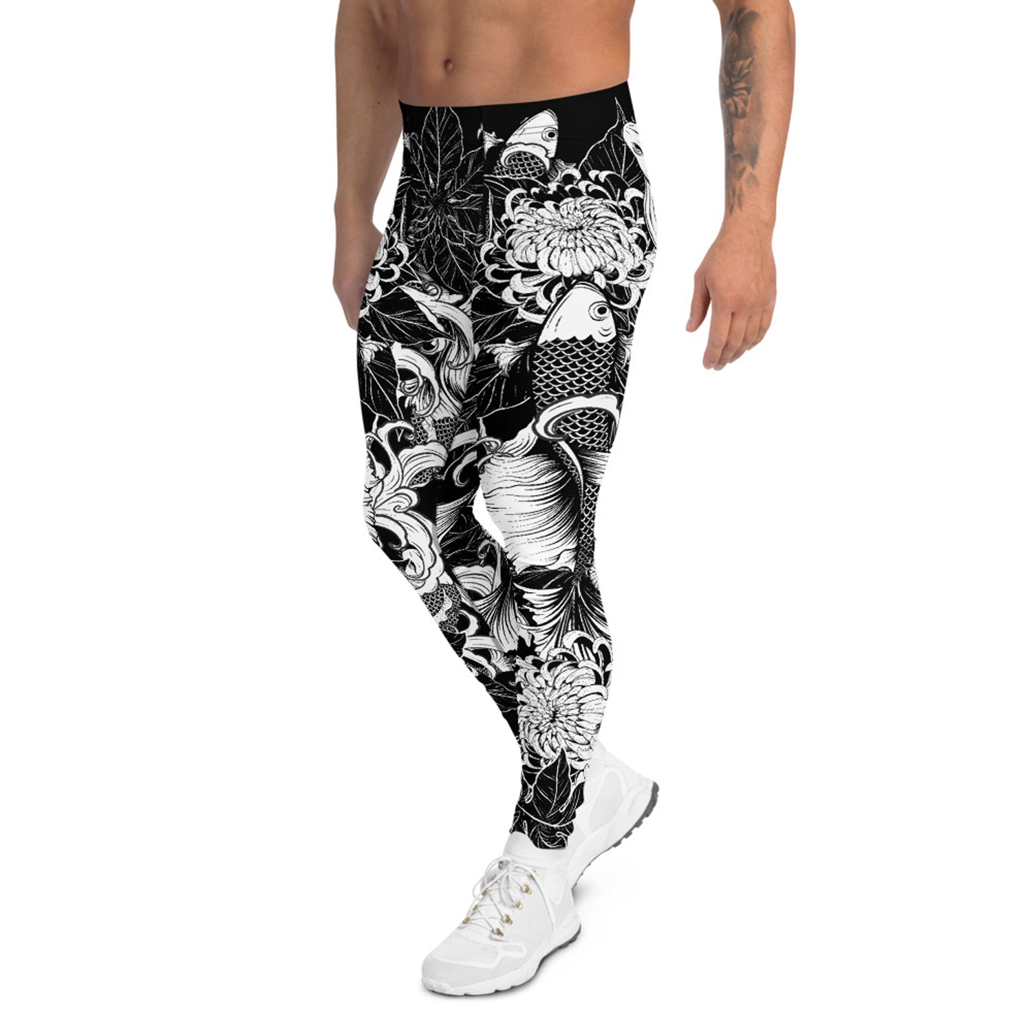 Maroon Sooty koi fish tattoo leggings for men, vibrant activewear with detailed koi fish design on stretchy fabric.