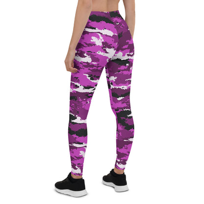 Pink and purple camo leggings for women by Maroon Sooty, activewear with a stylish camo pattern, shown on a model.