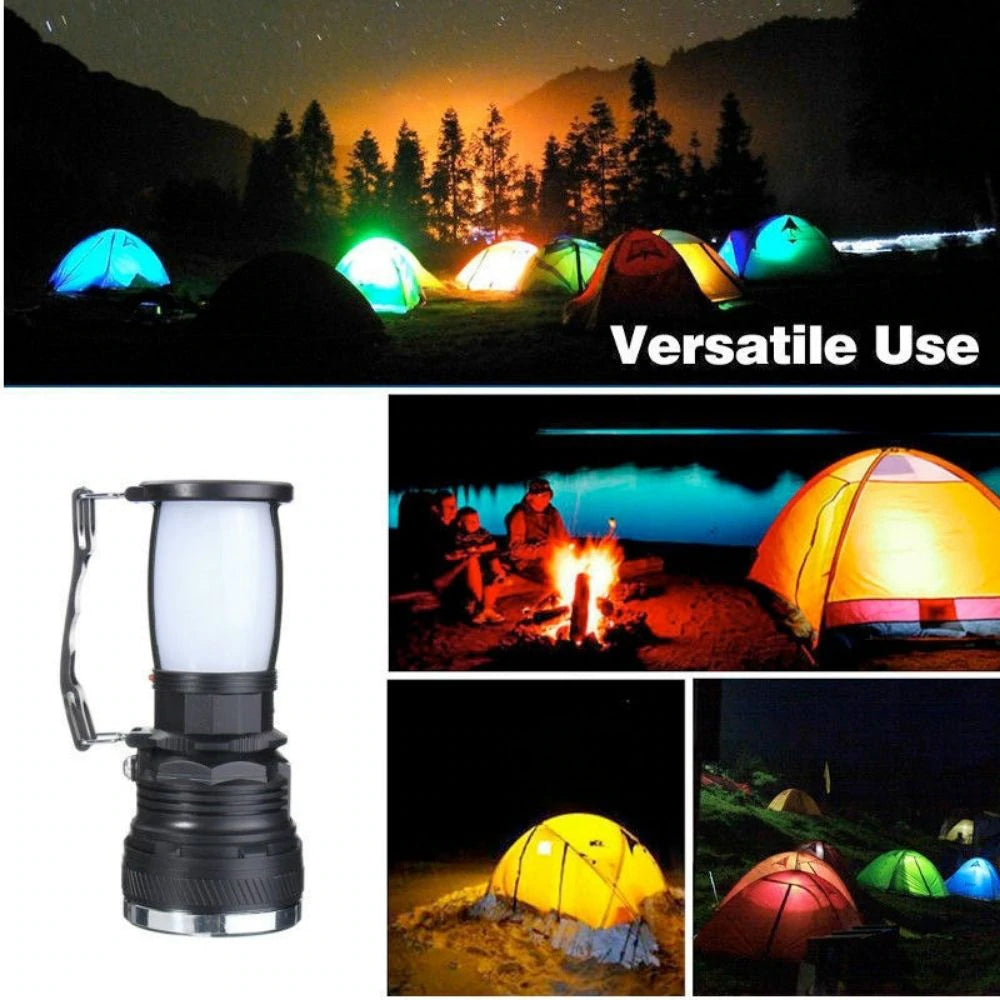 Yellow Pandora multi-function camping light with adjustable brightness and built-in handle, ideal for outdoor camping trips.