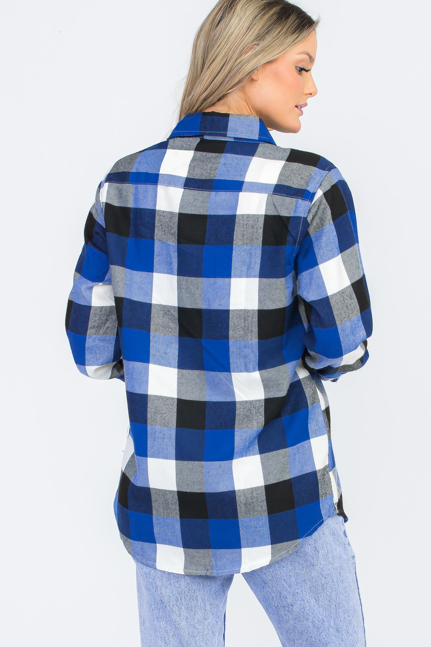 Lime Milo oversized boyfriend plaid checkered flannel top, casual blouse with a relaxed fit and classic pattern.