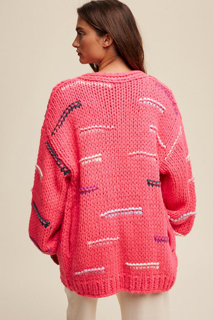 Hand-crochet boho open-front chunky cardigan sweater by Champagne Erebus, featuring textured knit and relaxed fit.