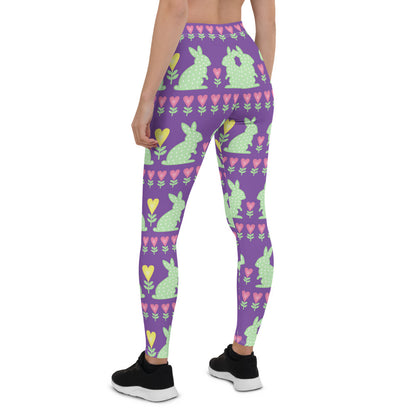 Maroon Sooty Easter Bunny leggings for women, activewear with playful bunny print, stretchy fabric, comfortable fit for spring workouts