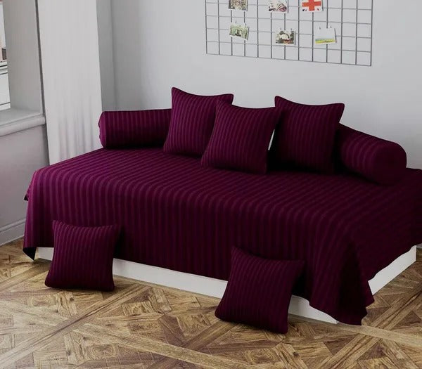 Sangria Alcestis diwan set includes one flat bedsheet and five cushion covers, perfect for home and garden decor.