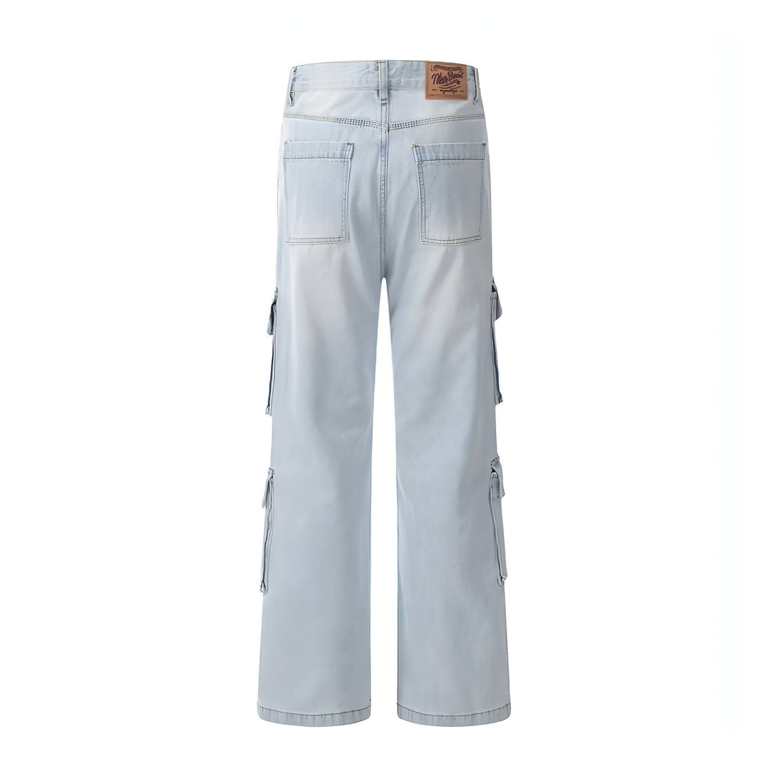 Light wash denim cargo jeans for men by Carmine Juneberry, showcasing classic pockets and relaxed fit style.