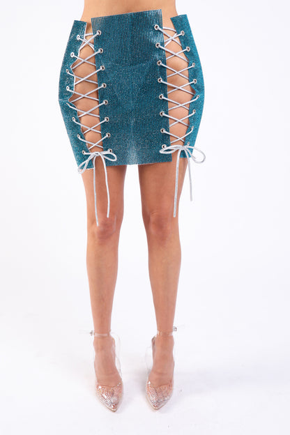 Teal Puce Juniper mini skirt with full rhinestones, four-sided lace-up design, perfect for rave and party outfits.