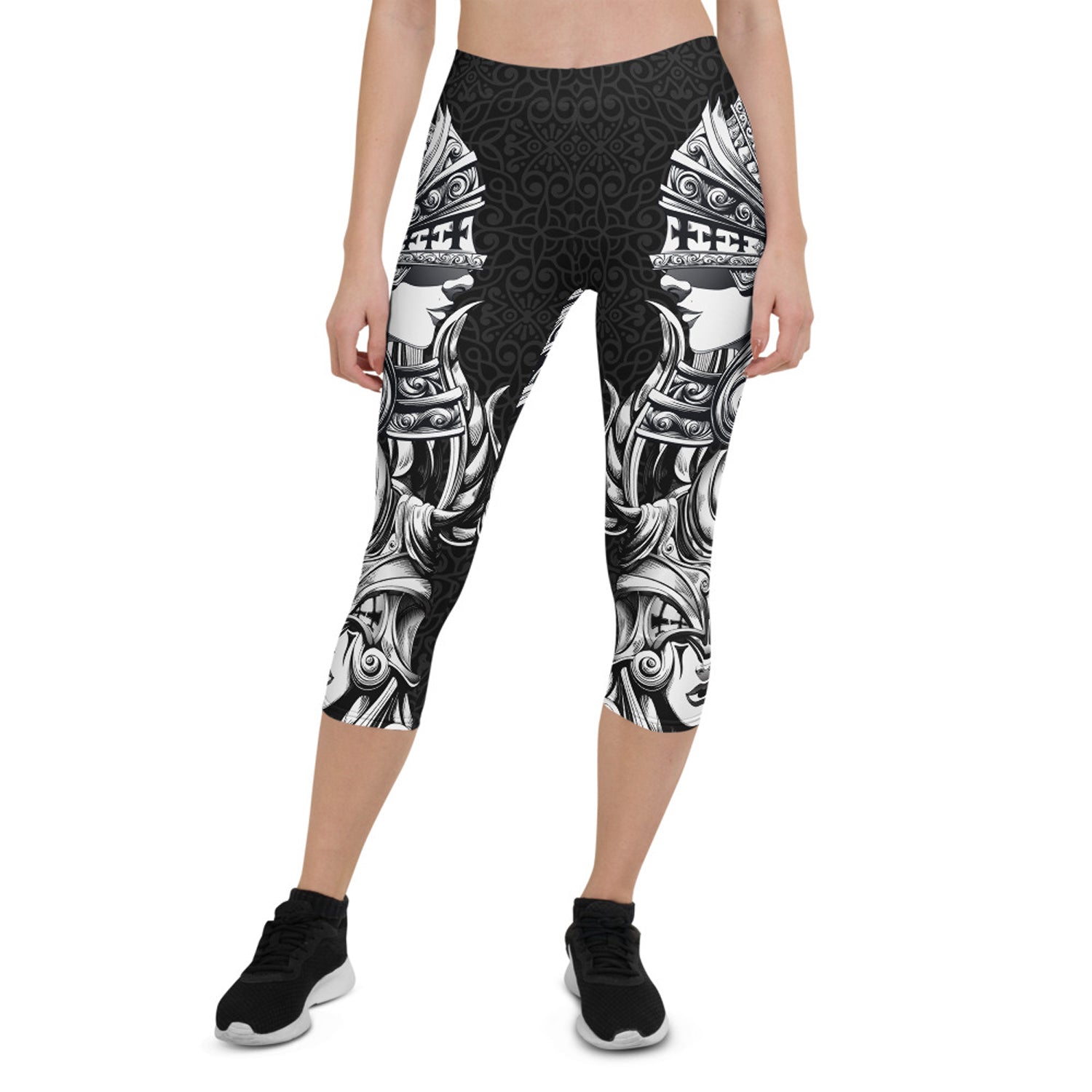 Maroon Sooty Valkyrie Capri Leggings for women, activewear with a comfortable fit and stylish design, shown on a model.