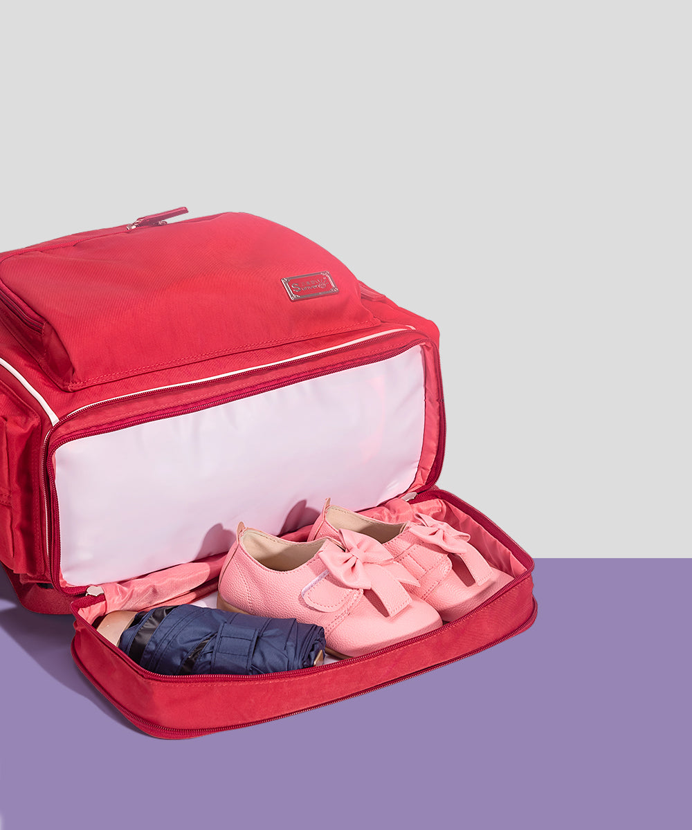Maroon Chronos large capacity diaper backpack for kids and babies, with multiple compartments and stylish design.
