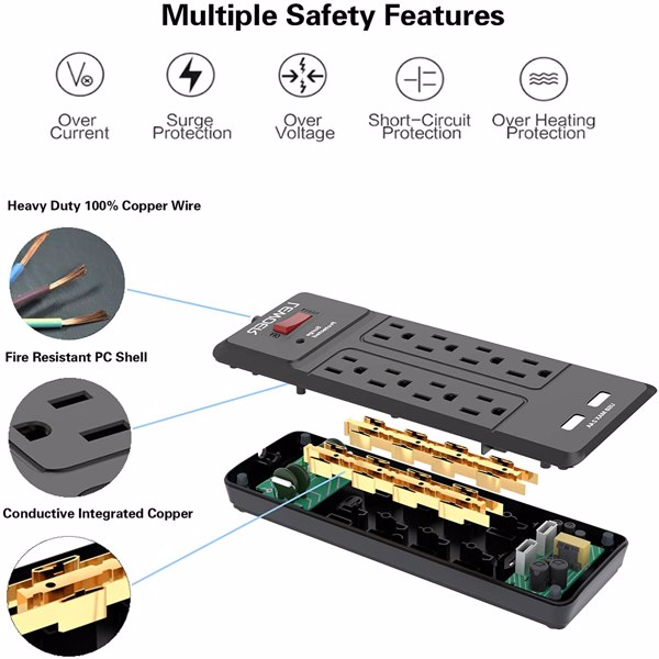 Lilac Milo power strip with 8 AC outlets and 2 USB charging ports, versatile tech accessory for convenient device charging.