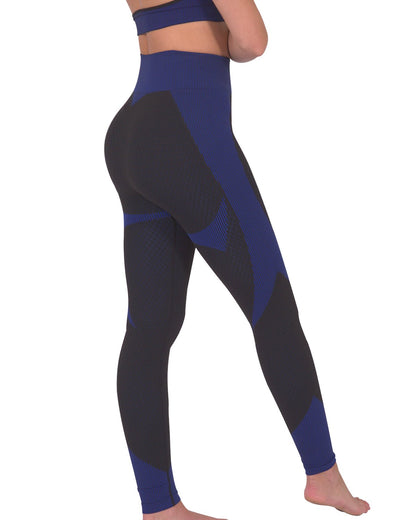 Lazurite Trois Seamless Activewear Leggings in black with navy accents, form-fitting and stretchy for workout comfort.