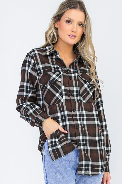 Lime Milo oversized boyfriend plaid checkered flannel top, casual long-sleeve blouse with a relaxed fit and classic pattern.