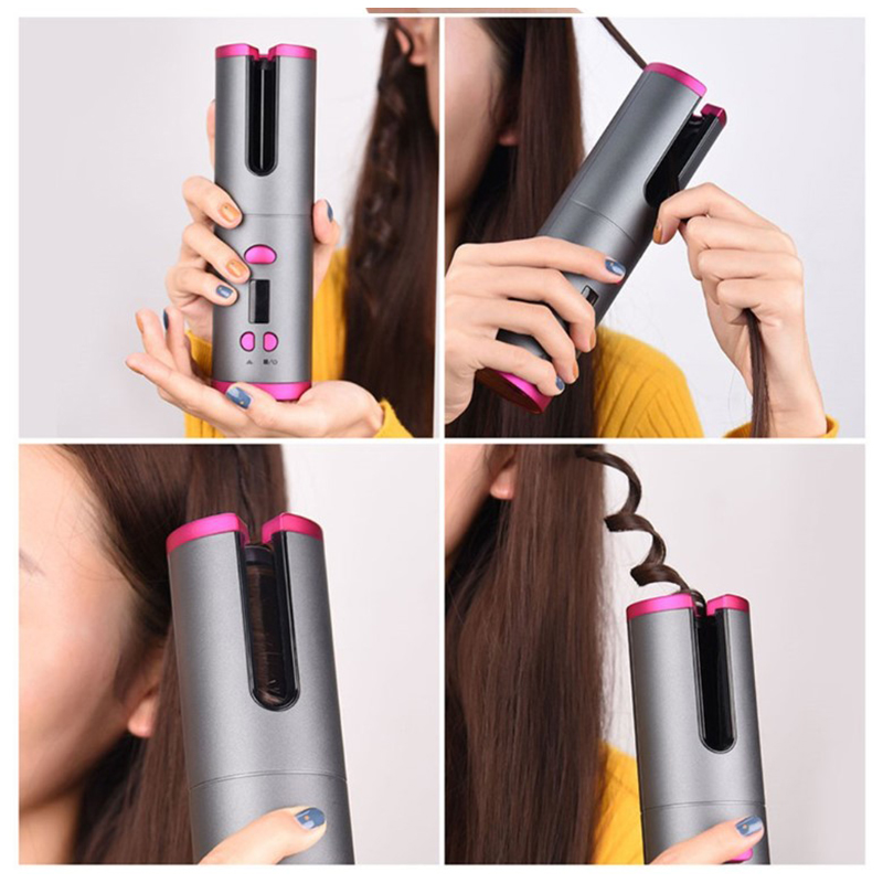 Lilac Milo LCD cordless hair curler rollers with rotating barrel and digital display, designed for easy, cordless curling.