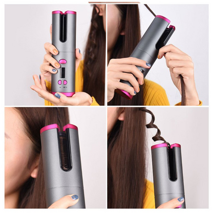 Lilac Milo LCD cordless hair curler rollers with rotating barrel and digital display, designed for easy, cordless curling.