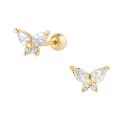 Blue Chrysippus 14K solid gold moth piercing earrings featuring detailed gold moth design on a white background.