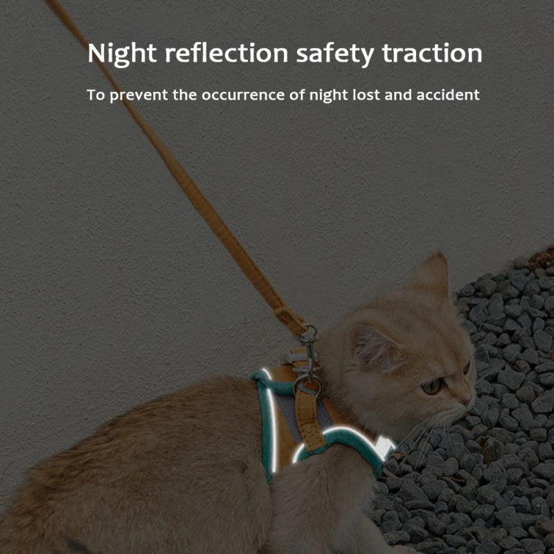 Adjustable Teal Simba cat harness and leash set with reflective vest, designed for secure and comfortable pet walking.