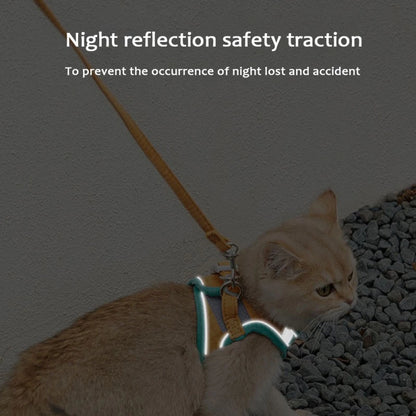 Adjustable Teal Simba cat harness and leash set with reflective vest, designed for secure and comfortable pet walking.