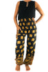Black Elephant pants for women, boho and hippie style yoga pants from Tan Smokey, featuring relaxed fit and artistic elephant print.