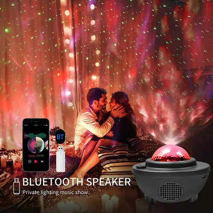 Colorful Starry Sky Galaxy Projector with Bluetooth speaker by Teal Simba, displaying vibrant starry sky lighting in a dark room.