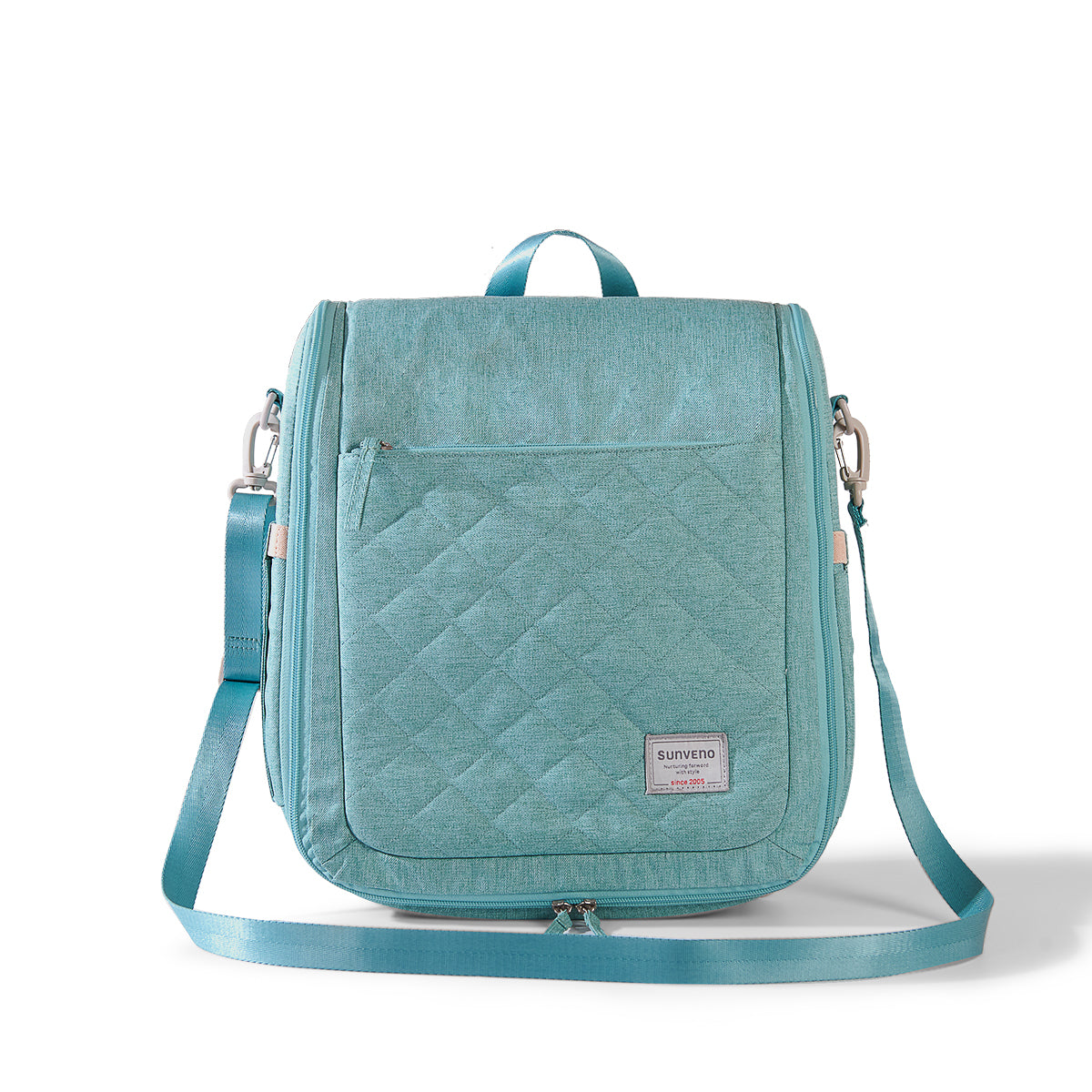 Maroon Chronos portable baby diaper bag backpack with changing pad, featuring multiple compartments and adjustable straps for travel.