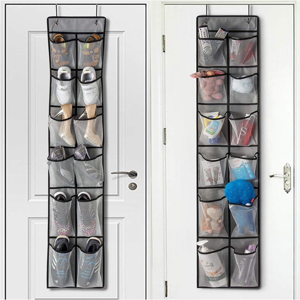 Turquoise Pandion 12-pocket over door shoe storage organizer hanging on a door for closet organization and shoe storage.