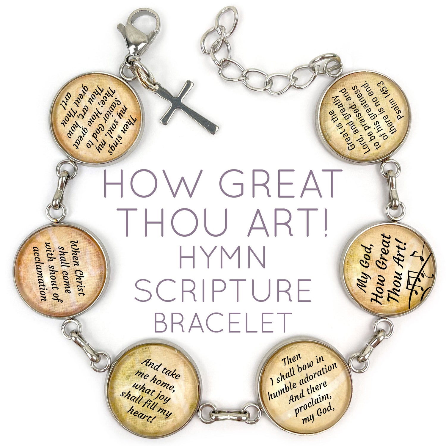 Stainless steel bracelet featuring a "How Great Thou Art" hymn and scripture glass charm, designed by Orchid Briseis.