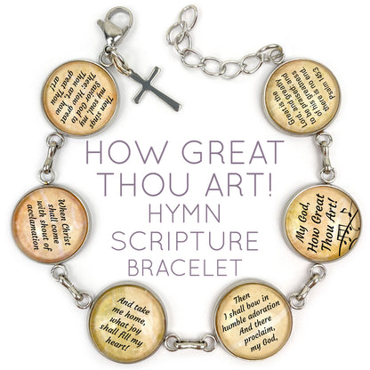 Stainless steel bracelet featuring a "How Great Thou Art" hymn and scripture glass charm, designed by Orchid Briseis.