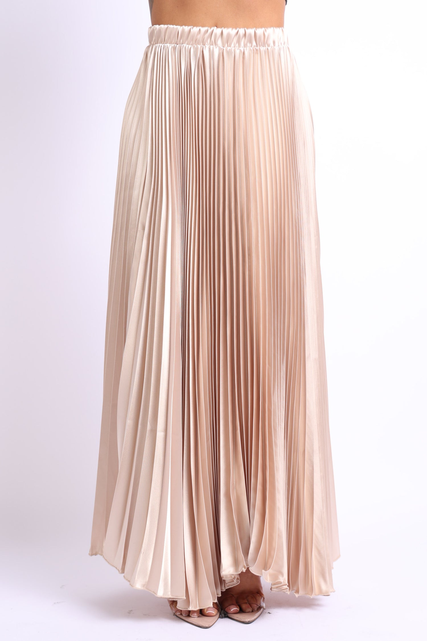 Pucci Juniper taupe elastic high waist A-line pleated satin maxi skirt displayed on a model.