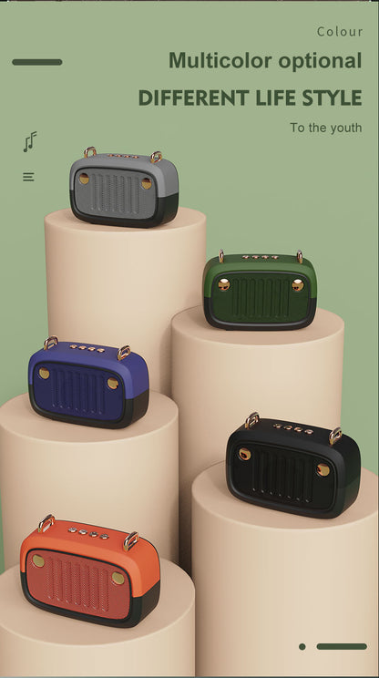 Lilac Milo portable wireless subwoofer Bluetooth V5.0 speaker with FM radio, compact tech accessory for high-quality sound.