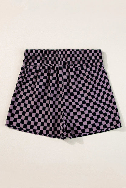 Leopard and checker high waist athletic shorts by Byzantium Bay, featuring bold animal print and comfortable fit.