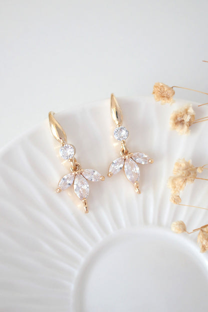 Ultramarine Birch "Bloom" cubic zirconia flower petal hook earrings featuring sparkling 24 karats gold-plated design