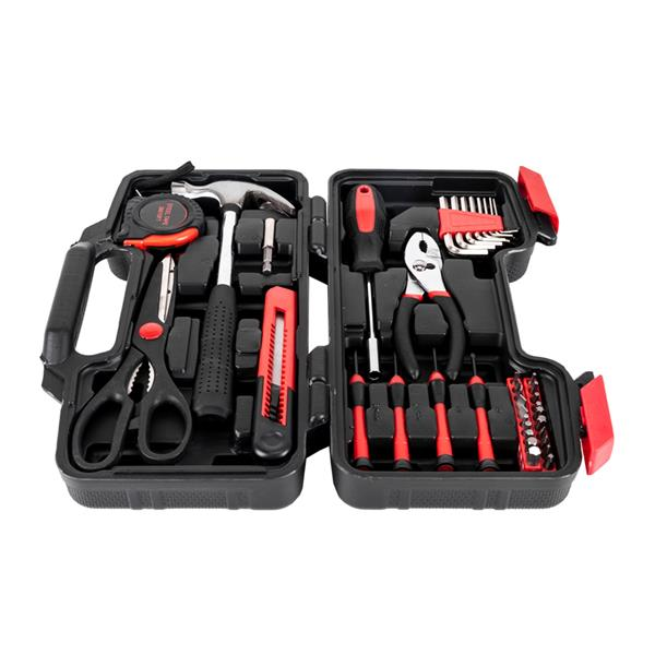 Lilac Milo 39-piece hand tool set includes measuring tape, pliers, and various tools for home repair and DIY projects.