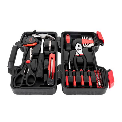 Lilac Milo 39-piece hand tool set includes measuring tape, pliers, and various tools for home repair and DIY projects.