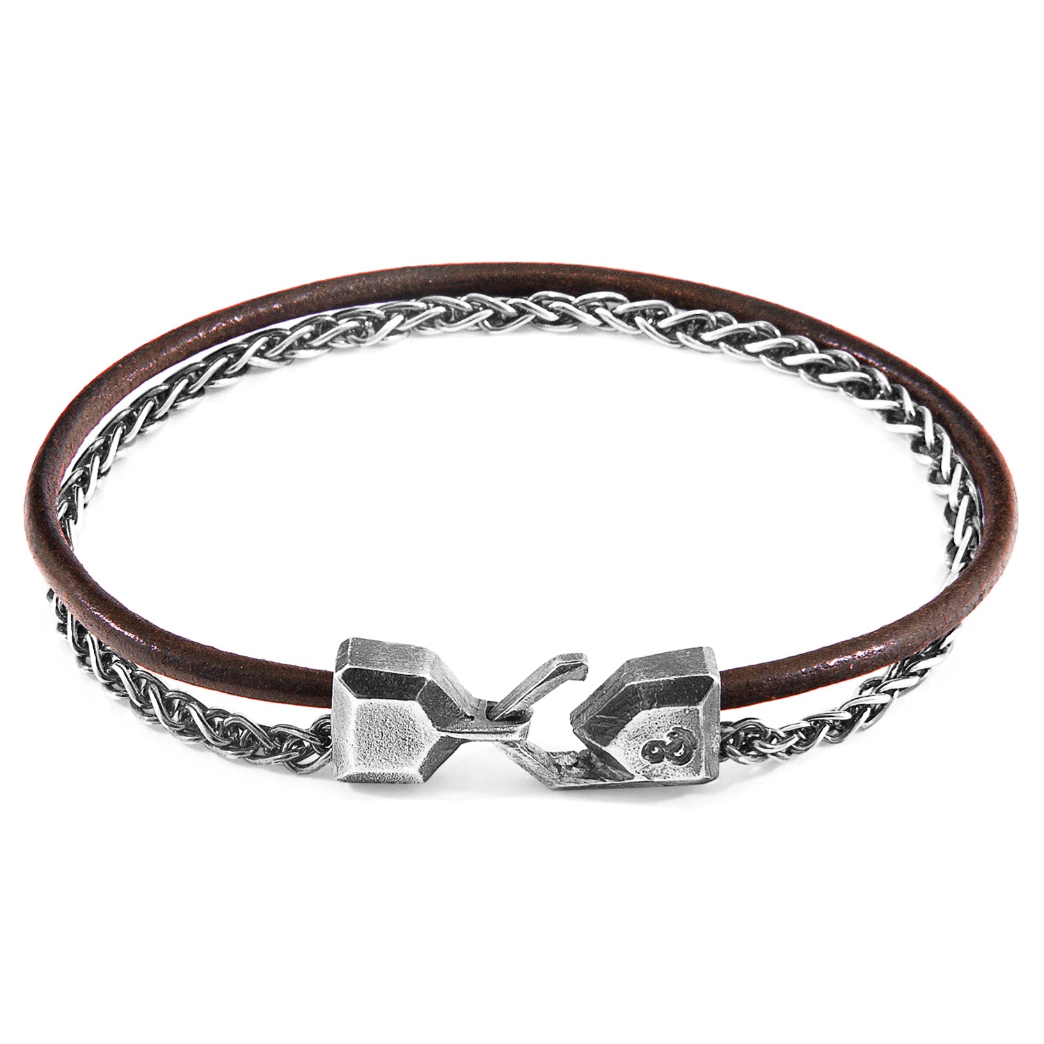 Mocha brown staysail mast silver and round leather bracelet by Magenta Sooty with silver accents and round leather details.