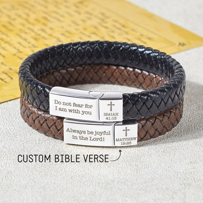 Green Millie Christian bracelet with Bible quote, featuring metallic beads and engraved religious message on a delicate cord.