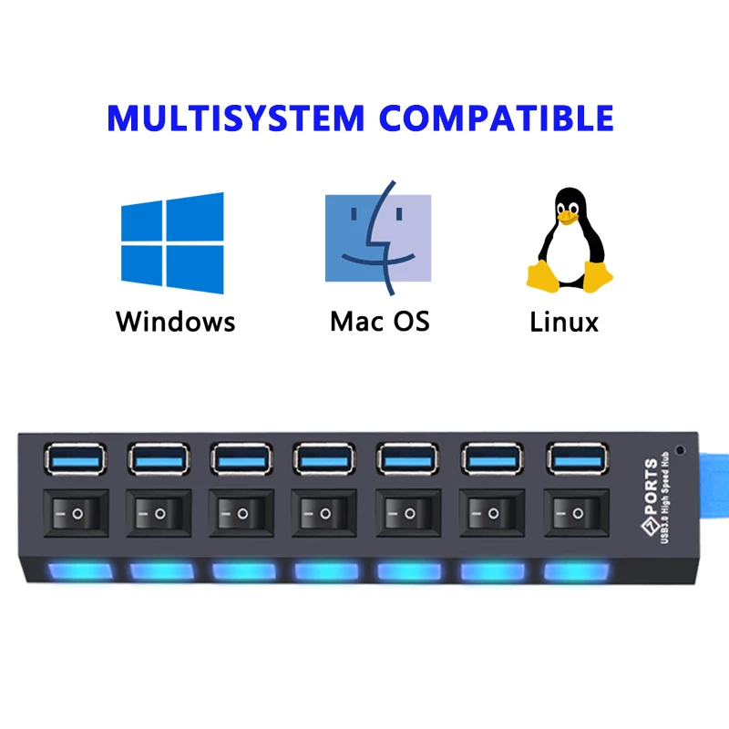 Teal Simba USB 3.0 hub with 4-port splitter, showing multiple USB connections and sleek black design for tech accessories.