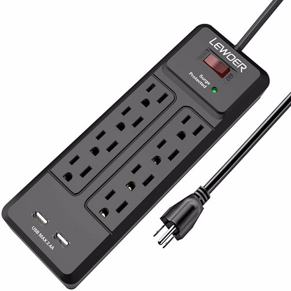 Lilac Milo power strip with 8 AC outlets and 2 USB charging ports, black tech accessory with multiple power options