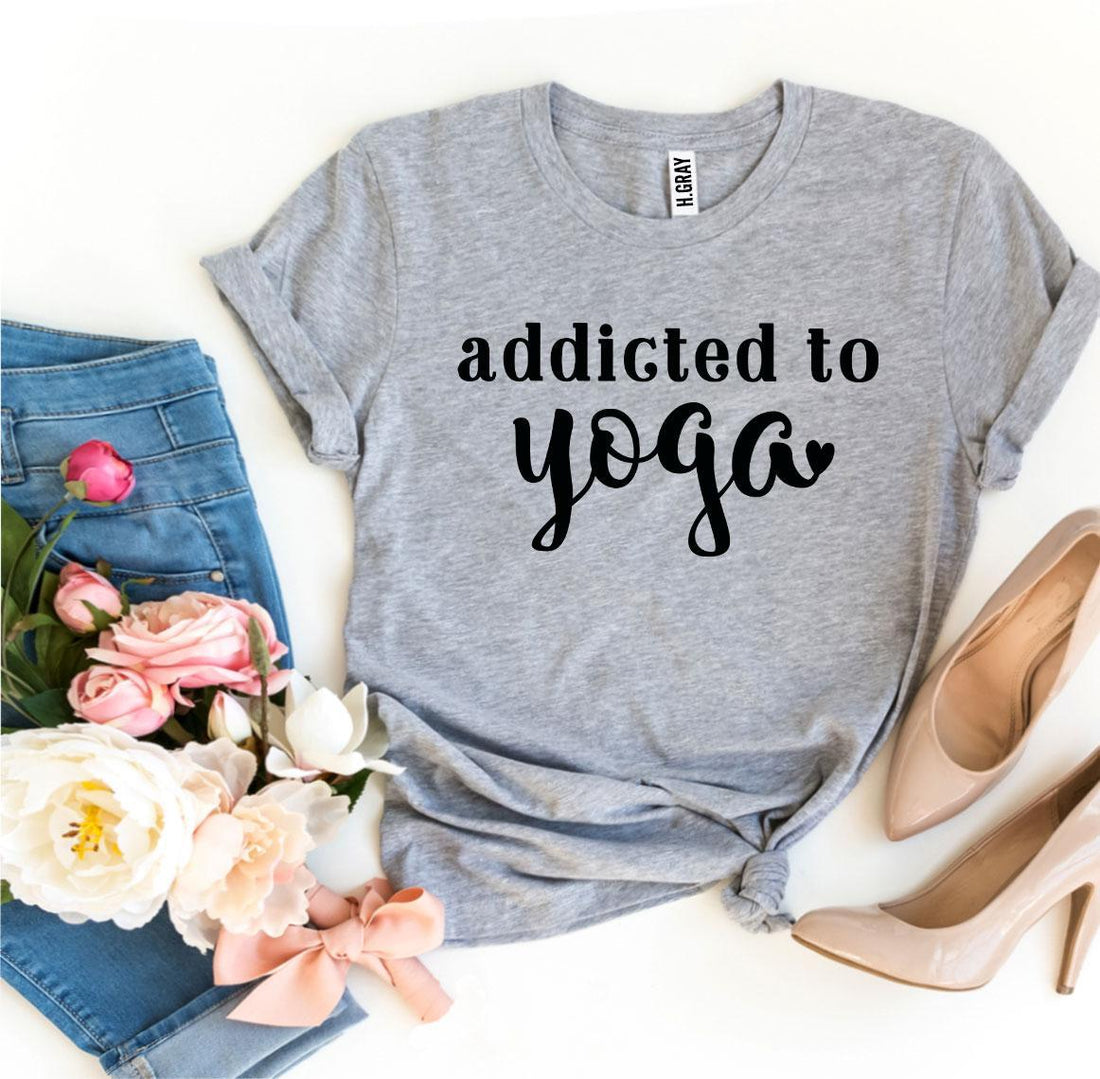 Agate Addicted To Yoga T-shirt featuring a casual fit and yoga-inspired graphic design on soft fabric.