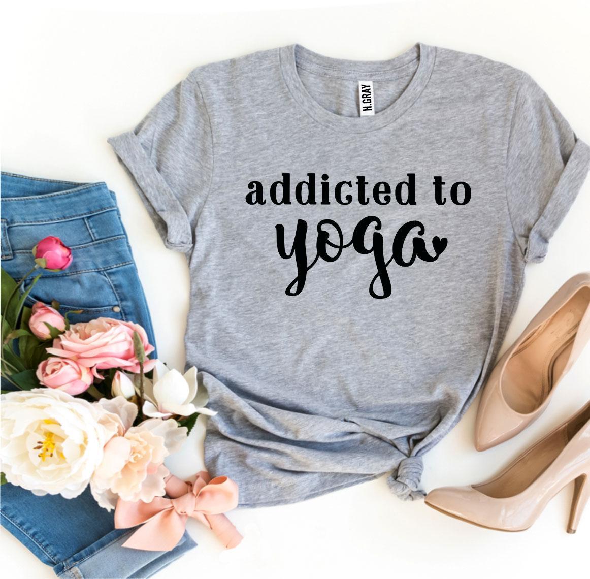 Agate Addicted To Yoga T-shirt featuring a casual fit and yoga-inspired graphic design on soft fabric.