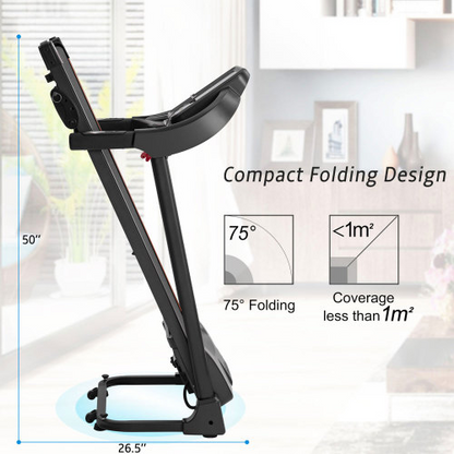 Lilac Milo compact folding treadmill for jogging and running with a motorized belt, black frame and digital display.