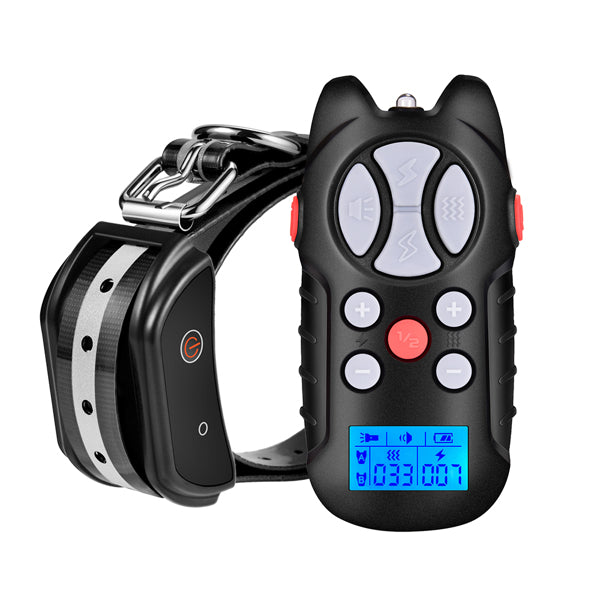 Teal Simba dog training electric collar with remote control, showing three training mode options and adjustable strap.