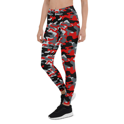 Maroon Sooty women’s activewear leggings with red and gray camouflage pattern, stretchy and fitted for comfortable exercise wear.
