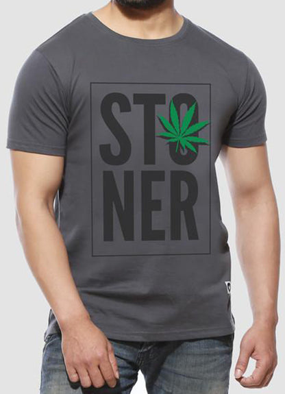Charcoal grey half sleeve printed T-shirt by Scorpius, featuring a stylish graphic design on the front.