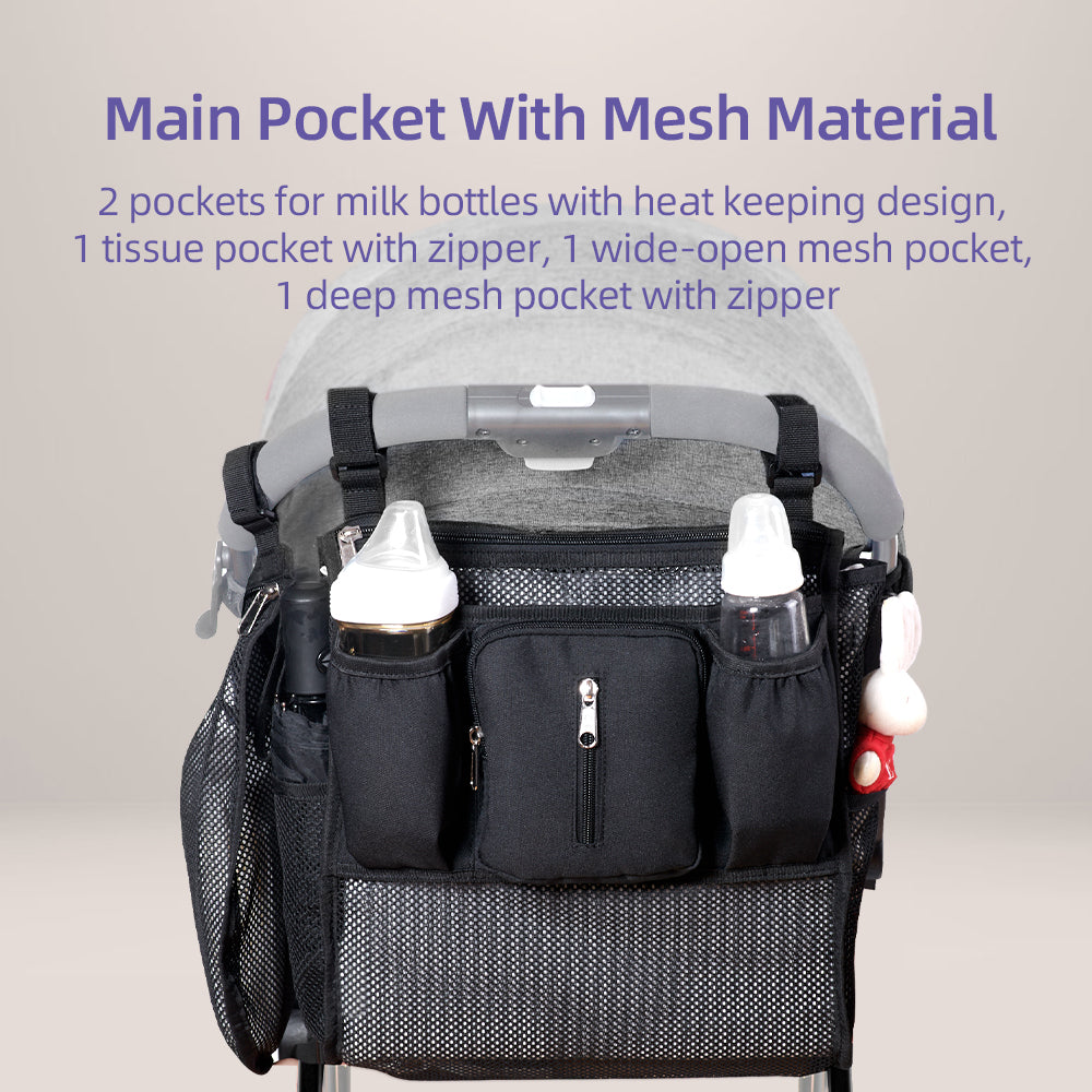 Maroon Chronos universal stroller organizer with multiple compartments and adjustable straps for parent convenience.
