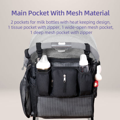 Maroon Chronos universal stroller organizer with multiple compartments and adjustable straps for parent convenience.