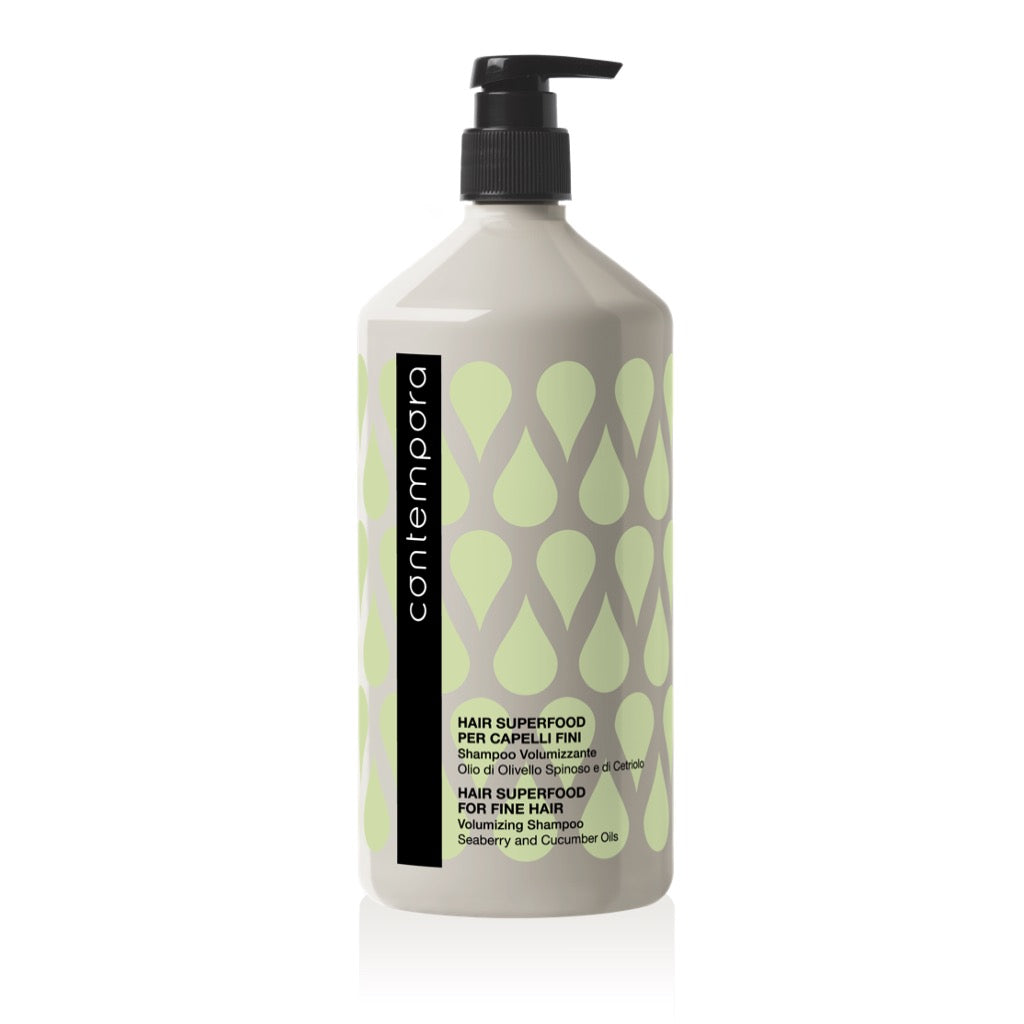Pink Misty Contempora Volumizing Shampoo for fine hair, showing a sleek bottle with a pump dispenser on a white background.